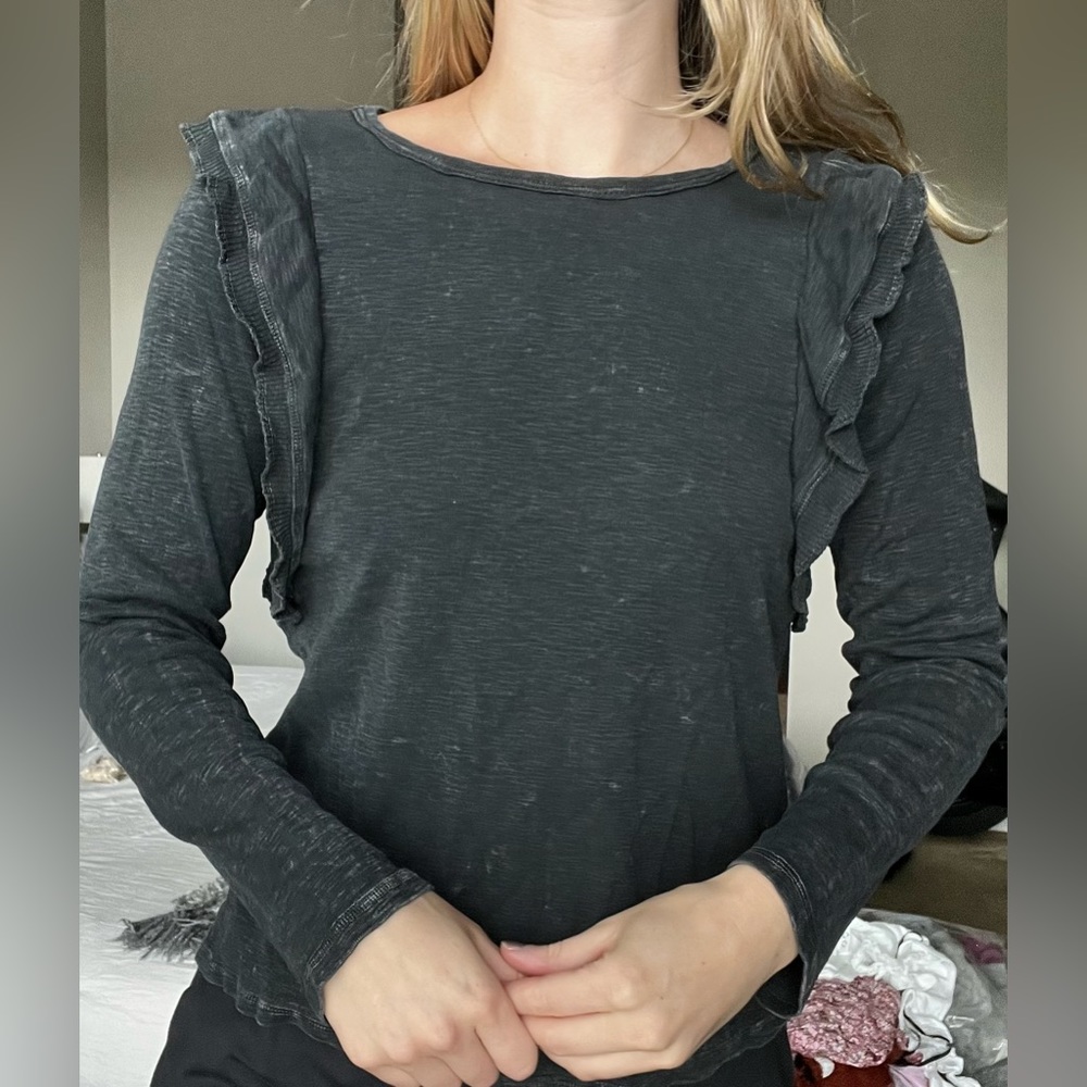 Anthropologie Black Ruffled Long-Sleeve Tee